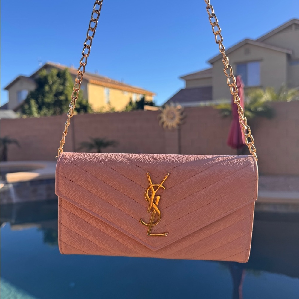 Yves Saint Laurent Pink Quilted Wallet with Gold Chain Crossbody Bag